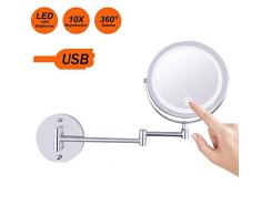 Schminkspiegel Wandspiegel LED 1X / 10X Vergrößerung Doppelseite, Klapp-Waschtischlampe Einziehbarer 360-Grad-Rasierspiegel, angetrieben von 3 x AAA für Badezimmer