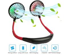Agedate Tragbarer USB Ventilator Nackenbügel Ventilator Mini Lüfter mit LED Licht, 3-Speed Betrieb, 360 Grad Drehung, Wiederaufladbar Leise Neckband-Lüfter USB-Ventilatoren - Schwarz Rot