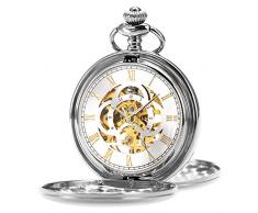 Taschenuhr - ManChDa Unisex Taschenuhr mit Kette Analog Handaufzug Doppelscharnier Antik Graviert Römische (01.Silver with Gold)