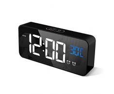 CHEREEKI Digitaler Wecker, LED Digitaluhr mit Temperaturanzeige Tragbarer Spiegelalarm Tischuhr mit 2 Alarmen 13 Alarmtöne USB Wiederaufladbar 4 Helligkeit und Lautstärke Regelbar, 12/24 Stunden