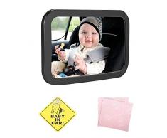 Spiegel Auto Baby, 100% Bruchsicher 360° Schwenkbarer Auto-Rückspiegel mit „BABY IN CAR“ Schild & Reinigungstuch für Kinder in Kindersitz, Rücksitzspiegel Baby 31x19cm