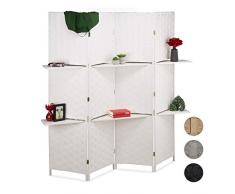 Relaxdays Paravent 4-teilig, Faltbarer Raumtrenner, Sichtschutz, 2 Ablagen, Papierseil, HxBxT 180 x 170 x 39 cm, weiß, 1 Stück