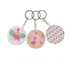 3x Schlüsselanhänger Flamingo mit Taschen- Schmink Spiegel Anhänger rund rosa