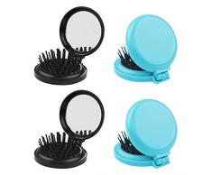 Dadabig 4 Stück Faltbare Tasche Haarbürste, Rund Mini Haarkamm mit Make-Up Spiegel Tragbare Kleine Massagekamm Klappbürste Taschen-Haarbürste für Arbeit und Reise Täglichen Bedarf (Schwarz & Blau)