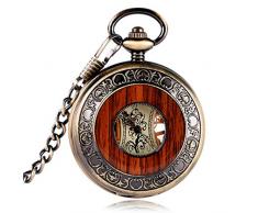 yisuya Holz-Taschenuhr, durchsichtige Rückseite, sichtbares Uhrwerk, Mechanische Uhr, Stil: Vintage / Retro, Römische Zahlen, mit Kette, tolles Geschenk