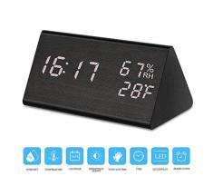 Zorara Digital Wecker, Digitaluhr Tischuhr Holz USB LED-Zeitanzeige, Digital Wecker Doppelte Temperatur- und Feuchtigkeitserkennung, Ideal für Schlafzimmer, Nacht Kinder (Schwarz)