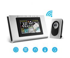 Mture Wetterstation Funk mit Außensensor und LCD Farbdisplay, Funkwetterstation mit Weckfunktion Digital Thermometer-Hygrometer für Innen und Außen, Barometer, Wecker, Mondphasen und Wettervorhersage