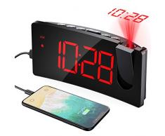 Mpow Wecker Digital, Projektionswecker mit USB-Anschluss, Große 5 LED Bildschirm, 4 einstellbare Helligkeiten, Ultraklare Rote Ziffern, Einfach zu bedienen, Snooze, Randlos Kurve (Inkl.Adapter)