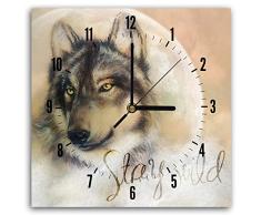 Feeby, Wanduhr, mehrfarbige Deco Panel Bild mit Uhr, 30x30 cm, Wolf, Tier, BRAUN