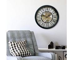 Alenio Große Vintage Metall Glas Wanduhr in XXL mit bewegenden Zahnrädern Römische Ziffern Rustikal Antik Schwarz Gold Ø46 cm gross
