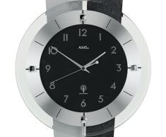 Pendeluhr AMS Wanduhr 5253 mit Pendel Funk Holzrückwand Schiefer Aluminium Mineralglas