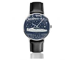 Unisex Business Casual James Bond All I Want for Christmas is A Lotus U-Boot Uhren Quarzuhr Lederband schwarz für Herren Damen Young Collection Geschenk