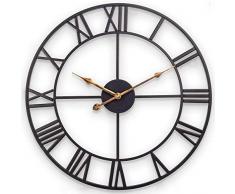 Große Wanduhr, Europäische Industrie Vintage Wanduhr mit Großen Römischen Ziffern, Stille Nicht Tickende Metalluhr für Haus, Wohnzimmer, Küche, Schlafzimmer und Höhle - 45 cm, Schwarz
