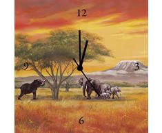 Artland Analoge Wand-Funk-oder Quarz-Uhr Digital-Druck Leinwand auf Holz-Rahmen gespannt mit Motiv A. Heins Elefanten am Kilimandscharo Tiere Wildtiere Elefant Malerei Orange A0YZ
