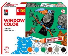 Marabu 0306000000002 - Kids Window Color Dschungel, Farbe auf Wasserbasis, ablösbar auf glatten Flächen wie Glas, Spiegel, Fliesen und Folie, 6 x 25 ml Farbe, Malvorlage A3 mit 18 Motiven und Folie A4