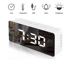 Lambony Digitalspiegel-Wecker mit Temperatur-LED-Anzeige Schlummerzeit Einstellbare Helligkeit USB & Batterie Stromversorgung für Schlafzimmer, Büro, Weiß