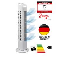 JUNG TF01 Ventilator 76cm weiss - TESTSIEGER 2020 NOTE 2,0(GUT) - BESTSELLER NR1, Leise Turm-lüfter Lautstärke max 48dbA, Turmventilator ENERGIESPAREND 0,05 kW/h,3 Stufen,75° Oszillierend Drehend