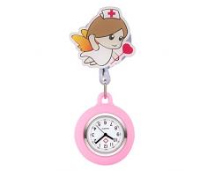 JSDDE Uhren Cartoon Engel Krankenschwester Uhr Pulsuhr Nurse Watch Kitteluhr Silikon Hülle Taschenuhr Schwesternuhr mit Clip (Rosa/Pink)