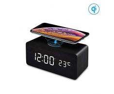 FiBiSonic LED Holz Wecker digital mit Wireless Charger Wecker aus Holz Wecker Design Deko led Uhr Standuhren Klein Vintage Schreibtisch Uhr Schwarz