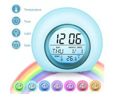 Charminer LED Kinderwecker, Wake Up-Wecker 7 Farbwechsel Ändern Lichtwecker, 5 natürliche Klänge Schlaf verbessern, Touch Control, 12/24 Stunden mit Innentemperaturanzeige für Kinder, blau