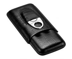 CIGARLOONG Zigarrenetui Leder Zigarren Travel Humidor Unterkunft Zu 3 Zigarren mit Zigarrenschneider(Farbe:Schwarz)