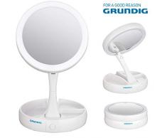GRUNDIG Faltbarer Kosmetikspiegel mit LED Beleuchtung, Kompakter Faltbarer Schminkspiegel mit 1-Fach/10-Fach Vergrößerung, USB Kabel
