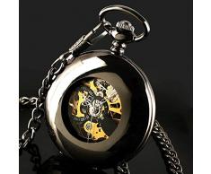 JTKDL Klassische Glatte Hohle Vintage Wolfram Stahl Farbe Taschenuhr mit Kette arabischen Ziffern Herren Damenuhr mit Kette Weihnachten Vatertagsgeschenk