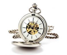 ManChDa Herren Taschenuhr mit Kette Analog Handaufzug Doppelabdeckungen Antik Römische Ziffern Mechanische Skelett Silber