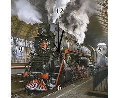Artland Wand-Uhr Digital-Druck Leinwand auf Holz-Rahmen gespannt mit Motiv Dimitry Laudin Sowjetische Dampflokomotive Fahrzeuge Züge Fotografie Ocker 30 x 30 x 2,8 cm