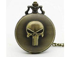 Halskette Taschenuhr Vintage Herren Damen Weihnachten Geschenk Unisex,Neuheit Bronze Punisher Skull Zifferblatt Römische Ziffer Retro Quarz Uhren Analog Anhänger Mit Halskette Kette Pullover Kette P
