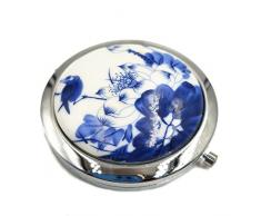 Pocket Spiegel für Damen für Mädchen kleinen Spiegel Pocket Größe Lupe Make-up Compack Doppel-Spiegel Keramik Traditionelle Chinesische Design Reise Handtasche Spiegel Blau und Weiß Porzellan