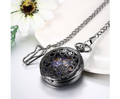 JewelryWe Retro Zahnrad Ritzel Hohe Openwork Handaufzug Mechanische Taschenuhr Skelett Uhr Pullover Halskette Kette Schwarz