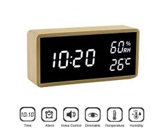 Cozywind LED Digitaler Wecker Spiegel Tischuhr mit Sprachsteuerung Temperatur und Luftfeuchtigkeit Anzeige Holz Standuhr mit USB Kabel für Schlafzimmer, Kinderzimmer und Büro