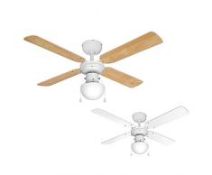 MiniSun – 106 cm Deckenventilator mit glänzendem weißem Finish, 4 umkehrbaren Flügeln (weiß/Buchenholz) und Leuchte – Deckenventilatoren mit Leuchte
