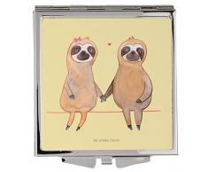 Mr. & Mrs. Panda Schminkspiegel, schminken, Handtaschenspiegel quadratisch Faultier Pärchen - Farbe Gelb Pastell