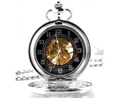 Unendlich U Retro Handaufzug Mechanische Taschenuhr Hohle Skelett Kettenuhr Doppelzeitanzeige Schwarzes Zifferblatt England Stil Silber