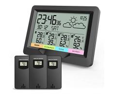 Oule GmbH Funk-Wetterstation inkl. 3 x Außen-Sensoren Thermometer, Hygrometer, Außensensoren, misst Innen- und Außen-Temperatur und -Luftfeuchtigkeit Funk-Uhr mit Wecker