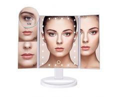 Lavcus Schminkspiegel mit Licht, 3 Seiten Kosmetikspiegel Faltbar Make-up Spiegel mit 24 LED-Beleuchtung, 1X 2X 3X 10X Vergrößerungsspiegel (Weiß)