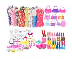 70 Stück Kleidung Accessories für Barbie Puppen, 10 Set Kleid Dress, 30 Stück Schmuckzubehör erhalten Halskette Spiegel Kleiderbügel, 20 Paar Schuhe und 10Pcs Handtasche für 11,5 Zoll Mädchen Puppen