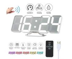 Decdeal RGB LED Wecker 3D Funkfernbedienung Digitaler USB Tischuhr Zeit Temperatur Datumsanzeige 115 Farbige 3 Stufige Helligkeit Klangregelung Luftfeuchtigkeit Countdown Snoozing Desktop Wanduhr Weiß