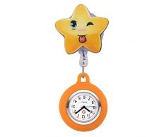 JSDDE Uhren Süß Schwesternuhren Stern Form Krankenschwesteruhr FOB-Uhr Silikon Hülle Pulsuhr Pflegeuhr Tunika Brosche Taschenuhr Ansteckuhr Analog Quarzuhr (Orange)