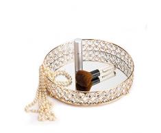 VINCIGANT Gold Kristall Kosmetiktablett Rund Kristallperlen Spiegel Tablett, Unterstützung für Makeups Pinsel Parfüm Nagellack Hautpflegeprodukte, Badaccessoires