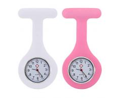 tumundo Schwestern-Uhr Puls Anstecknadel 2er Set Kittel Brosche Silikon-Hülle Quarz Damen-Schmuck Krankenschwester Pfleger-Uhr, Farbe:weiß + rosa