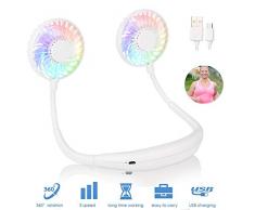 OVAREO Tragbarer Ventilator, Mini USB Ventilator Hände, Wiederaufladbarer Tragbarer Nackenbügel Ventilator, Schreibtisch Ventilator, Ventilator Mit Bügel für Den Nacken 3 Geschwindigkeiten LED Licht