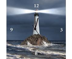 Artland Wand-Uhr Digital-Druck Leinwand auf Holz-Rahmen gespannt mit Motiv Sergey Nivens Bild vom Leuchtturm mit starken Lichtstrahl Architektur Gebäude Leuchtturm Foto Blau 30 x 30 x 2,8 cm