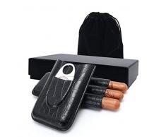 Yooluan Zigarrenetui, zigarren etui/zigarren Set/zigarrenetui Leder/humidor zigarren/Reise humidor/3 Halter echtes Leder Zigarrenetui/mit zigarrenschneider, Männer (Schwarz)