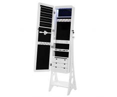 SONGMICS Schmuckschrank mit 8 LEDs mit abgerundeten Kanten, Spiegel, abschließbarer Schmuckorganizer mit 6 Schubladen und Ohrring Aufbewahrung, Weiß JBC89WT