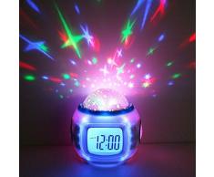 Premium Wecker & LED Sternenhimmelprojektor (digital) 10 Melodien - Uhr Nachtlicht Einschlafhilfe für Baby & Kinder - Dekolampe Deko Lampe Leuchte Dekoleuchte Sternenhimmel Mond und Sterne Projektor