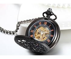 JewelryWe Herren Taschenuhr Retro Spinnennetz Design Handaufzug mechanische Kettenuhr Skelett Uhr mit Halskette Kette Umhängeuhr Vatertag Geschenk Schwarz