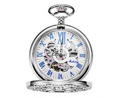 TREEWETO Unisex Taschenuhr mit Kette Analog Handaufzug Skelett Lupe Halber Jäger Silber